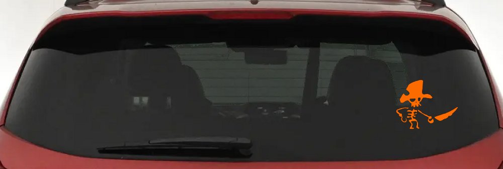 Pirate Skeleton WIth Hook Hand Sword In Front Skulls Car or Truck Window Decal Sticker (Orange)