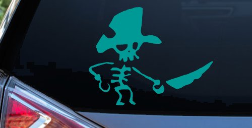 Pirate Skeleton WIth Hook Hand Sword In Front Skulls Car or Truck Window Decal Sticker (Turquoise)