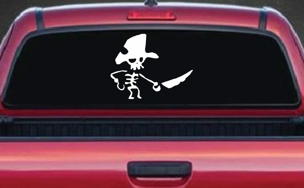 Pirate Skeleton WIth Hook Hand Sword In Front Skulls Car or Truck Window Decal Sticker (White)