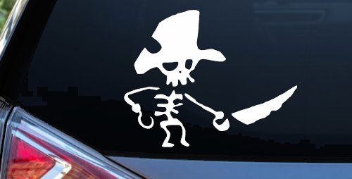 Pirate Skeleton WIth Hook Hand Sword In Front Skulls Car or Truck Window Vinyl Decal Sticker (White)