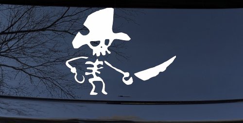 Pirate Skeleton WIth Hook Hand Sword In Front Skulls Car or Truck Window Decal Sticker (White)