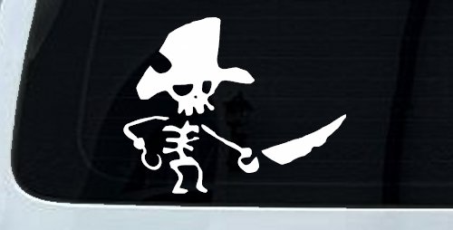 Pirate Skeleton WIth Hook Hand Sword In Front Skulls Car or Truck Window Decal Sticker (White)