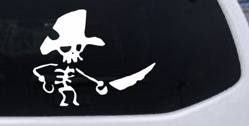 Pirate Skeleton WIth Hook Hand Sword In Front Skulls Car or Truck Window Decal Sticker (White)
