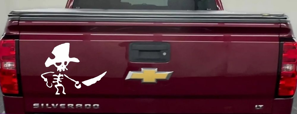 Pirate Skeleton WIth Hook Hand Sword In Front Skulls Car or Truck Window Decal Sticker (White)