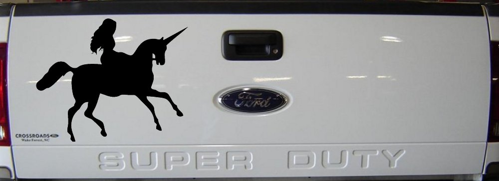 Woman Riding Unicorn Sci Fi Car or Truck Window Vinyl Decal Sticker (Black)