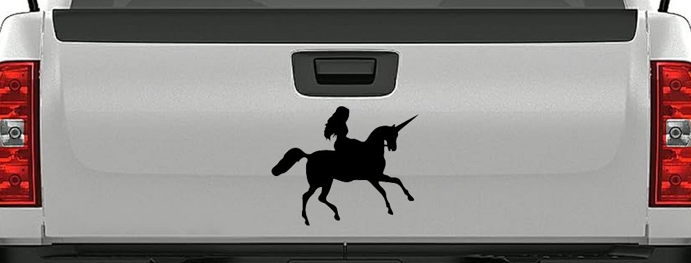 Woman Riding Unicorn Sci Fi Car or Truck Window Vinyl Decal Sticker (Black)