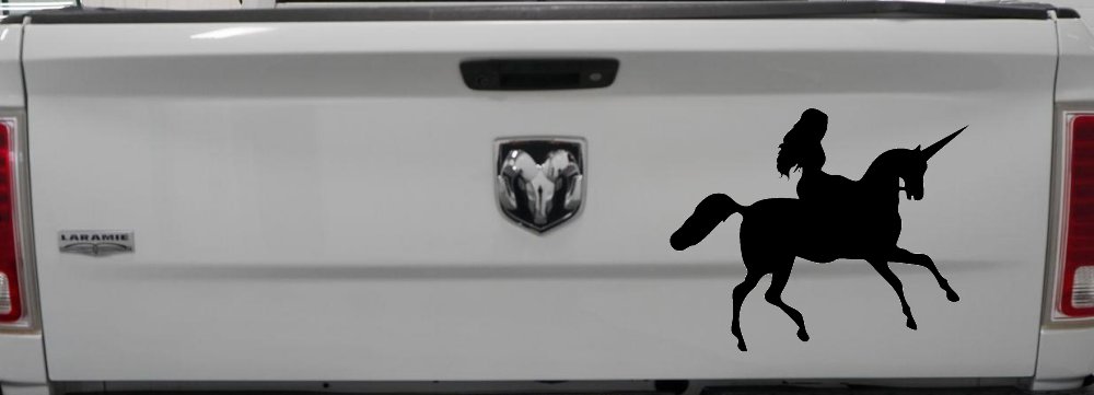 Woman Riding Unicorn Sci Fi Car or Truck Window Vinyl Decal Sticker (Black)