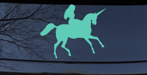 Woman Riding Unicorn Sci Fi Car or Truck Window Vinyl Decal Sticker (Mint)