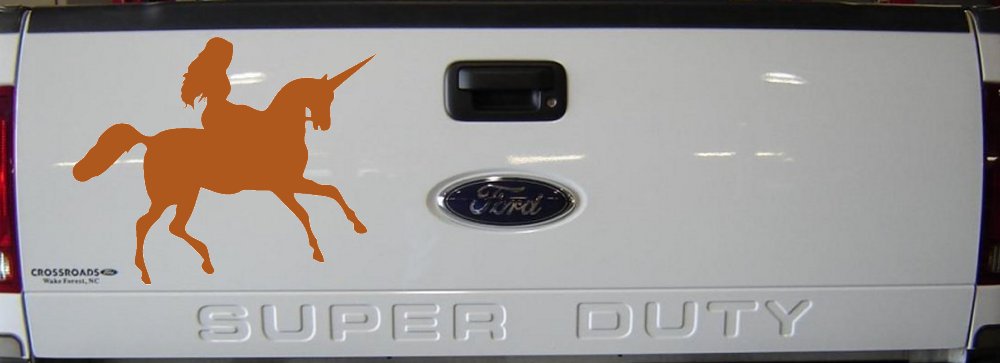 Woman Riding Unicorn Sci Fi Car or Truck Window Vinyl Decal Sticker (Nut Brown)