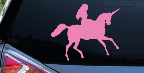 Woman Riding Unicorn Sci Fi Car or Truck Window Vinyl Decal Sticker (Pink)