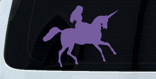 Woman Riding Unicorn Sci Fi Car or Truck Window Vinyl Decal Sticker (Purple)