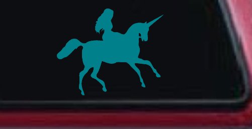Woman Riding Unicorn Sci Fi Car or Truck Window Decal Sticker (Turquoise Blue)