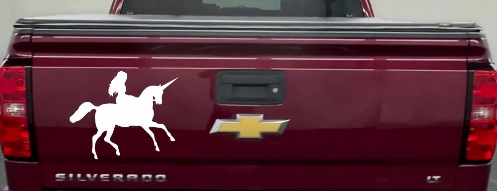 Woman Riding Unicorn Sci Fi Car or Truck Window Vinyl Decal Sticker (White)