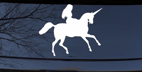 Woman Riding Unicorn Sci Fi Car or Truck Window Vinyl Decal Sticker (White)