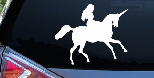 Woman Riding Unicorn Sci Fi Car or Truck Window Vinyl Decal Sticker (White)
