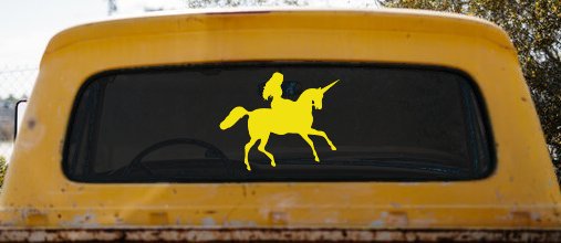Woman Riding Unicorn Sci Fi Car or Truck Window Decal Sticker (Yellow)