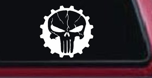 Punisher Skull Gear Car or Truck Window Vinyl Decal Sticker (White)