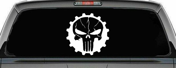 Punisher Skull Gear Car or Truck Window Decal Sticker (White)
