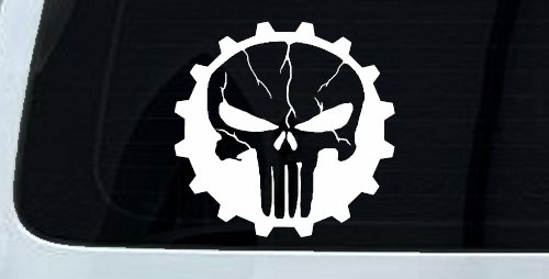 Punisher Skull Gear Car or Truck Window Vinyl Decal Sticker (White)