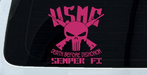 USMC Semper Fi Punisher Death Before Dishonor Military Car or Truck Window Decal Sticker (Hot Pink)