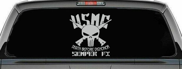 USMC Semper Fi Punisher Death Before Dishonor Military Car or Truck Window Decal Sticker (Light Gray)