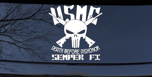 USMC Semper Fi Punisher Death Before Dishonor Military Car or Truck Window Decal Sticker (White)