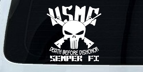 USMC Semper Fi Punisher Death Before Dishonor Military Car or Truck Window Vinyl Decal Sticker (White)