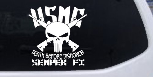 USMC Semper Fi Punisher Death Before Dishonor Military Car or Truck Window Decal Sticker (White)