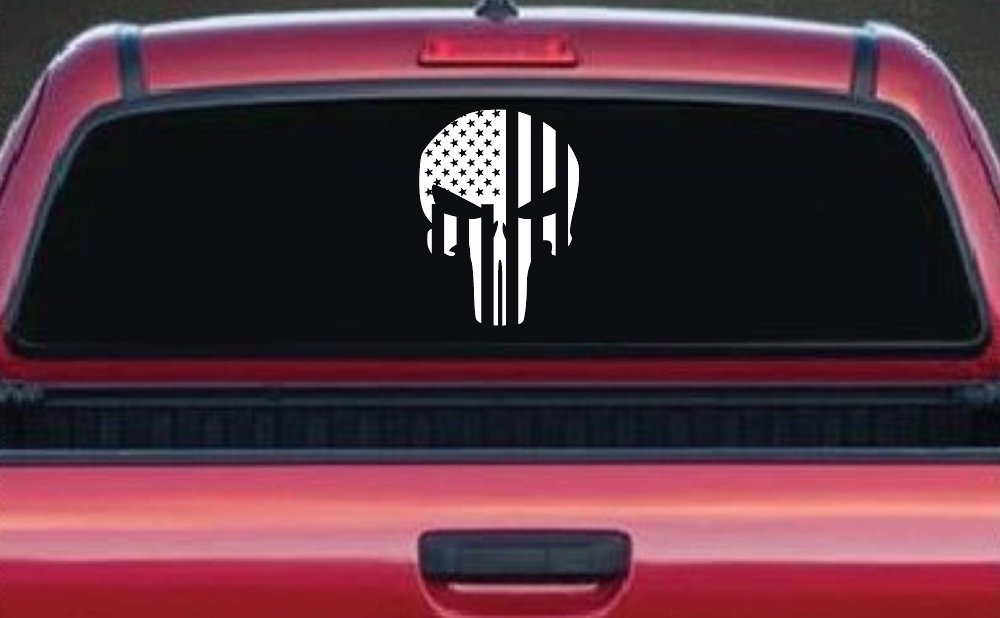 Punisher Skull With American US Flag Vertical Skulls Car or Truck Window Decal Sticker