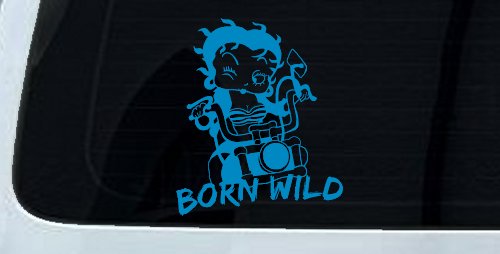 Betty Boop Born Wild Motorcycle Lady Biker Car or Truck Window Decal Sticker (Blue)