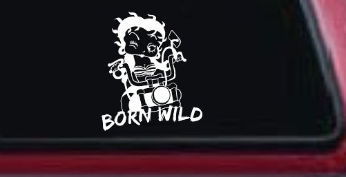 Betty Boop Born Wild Motorcycle Lady Biker Car or Truck Window Decal Sticker (White)