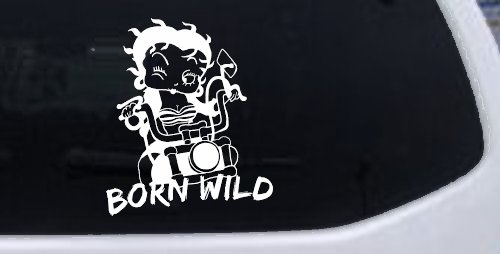 Betty Boop Born Wild Motorcycle Lady Biker Car or Truck Window Decal Sticker (White)