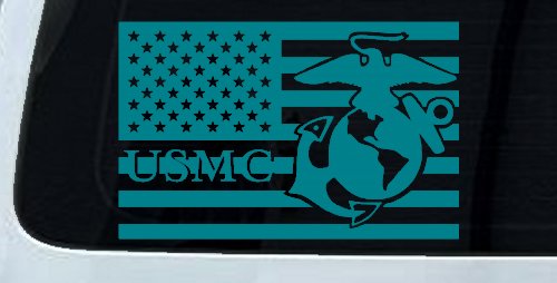 US American Flag USMC Marines Military Car or Truck Window Decal Sticker (Turquoise Blue)