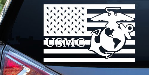 US American Flag USMC Marines Military Car or Truck Window Vinyl Decal Sticker (White)