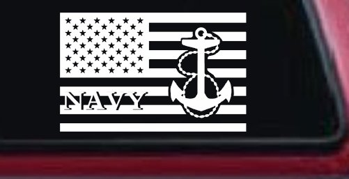 US American Flag US Navy Military Car or Truck Window Vinyl Decal Sticker (White)