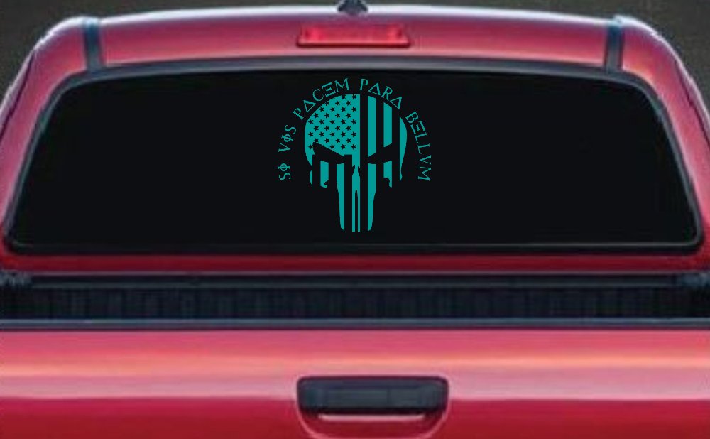 Punisher Skull US American Flag Si Vis Pacem Para Bellum Guns Car or Truck Window Decal Sticker