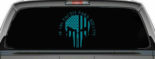 Punisher Skull US American Flag Si Vis Pacem Para Bellum Guns Car or Truck Window Decal Sticker (Turquoise Blue)