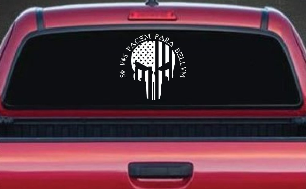 Punisher Skull US American Flag Si Vis Pacem Para Bellum Guns Car or Truck Window Decal Sticker