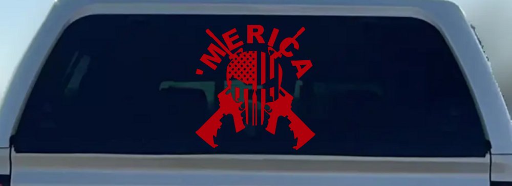 MERICA Punisher Skull US American Flag Crossed AR15 Guns Car or Truck Window Decal Sticker (Red)