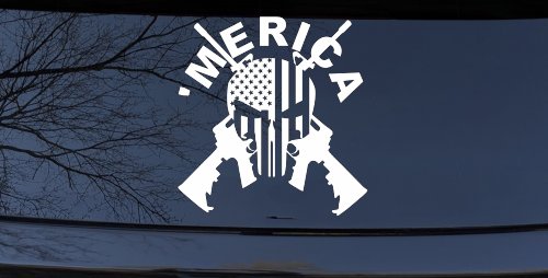 MERICA Punisher Skull US American Flag Crossed AR15 Guns Car or Truck Window Decal Sticker