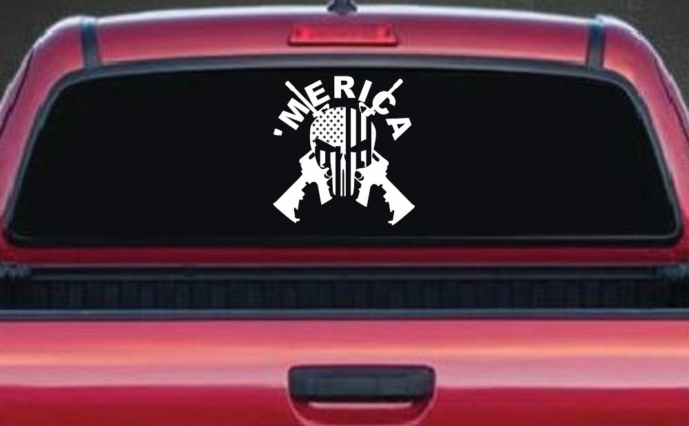 MERICA Punisher Skull US American Flag Crossed AR15 Guns Car or Truck Window Decal Sticker (White)
