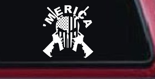 MERICA Punisher Skull US American Flag Crossed AR15 Guns Car or Truck Window Decal Sticker (White)