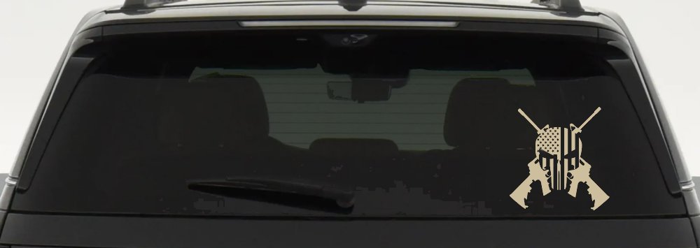 Punisher US American Flag Crossed AR15 Guns Car or Truck Window Decal Sticker (Desert Sand)