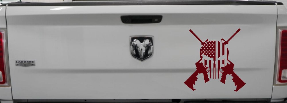 Punisher US American Flag Crossed AR15 Guns Car or Truck Window Decal Sticker (Purple Red)