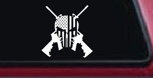 Punisher US American Flag Crossed AR15 Guns Car or Truck Window Decal Sticker (White)