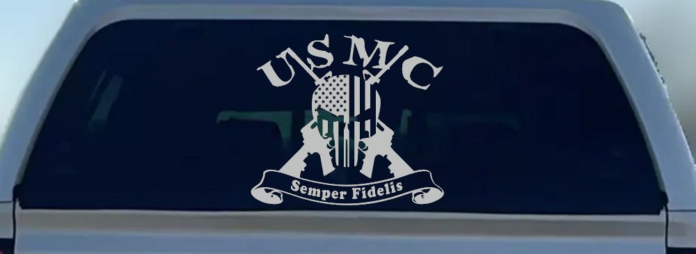 USMC Semper Fidelis Punisher Skull US Flag Crossed AR15 Guns Military Car or Truck Window Decal Sticker (Light Gray)