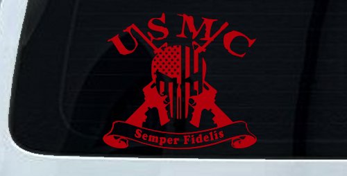 USMC Semper Fidelis Punisher Skull US Flag Crossed AR15 Guns Military Car or Truck Window Decal Sticker (Red)