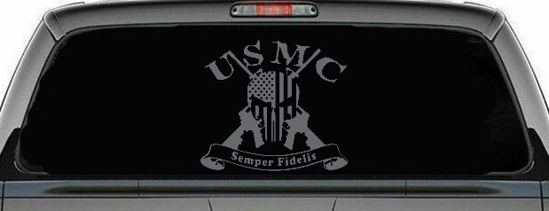 USMC Semper Fidelis Punisher Skull US Flag Crossed AR15 Guns Military Car or Truck Window Decal Sticker (Silver)