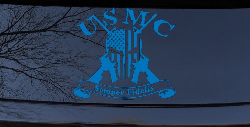 USMC Semper Fidelis Punisher Skull US Flag Crossed AR15 Guns Military Car or Truck Window Decal Sticker (Sky Blue)