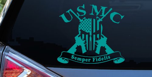 USMC Semper Fidelis Punisher Skull US Flag Crossed AR15 Guns Military Car or Truck Window Vinyl Decal Sticker (Turquoise)